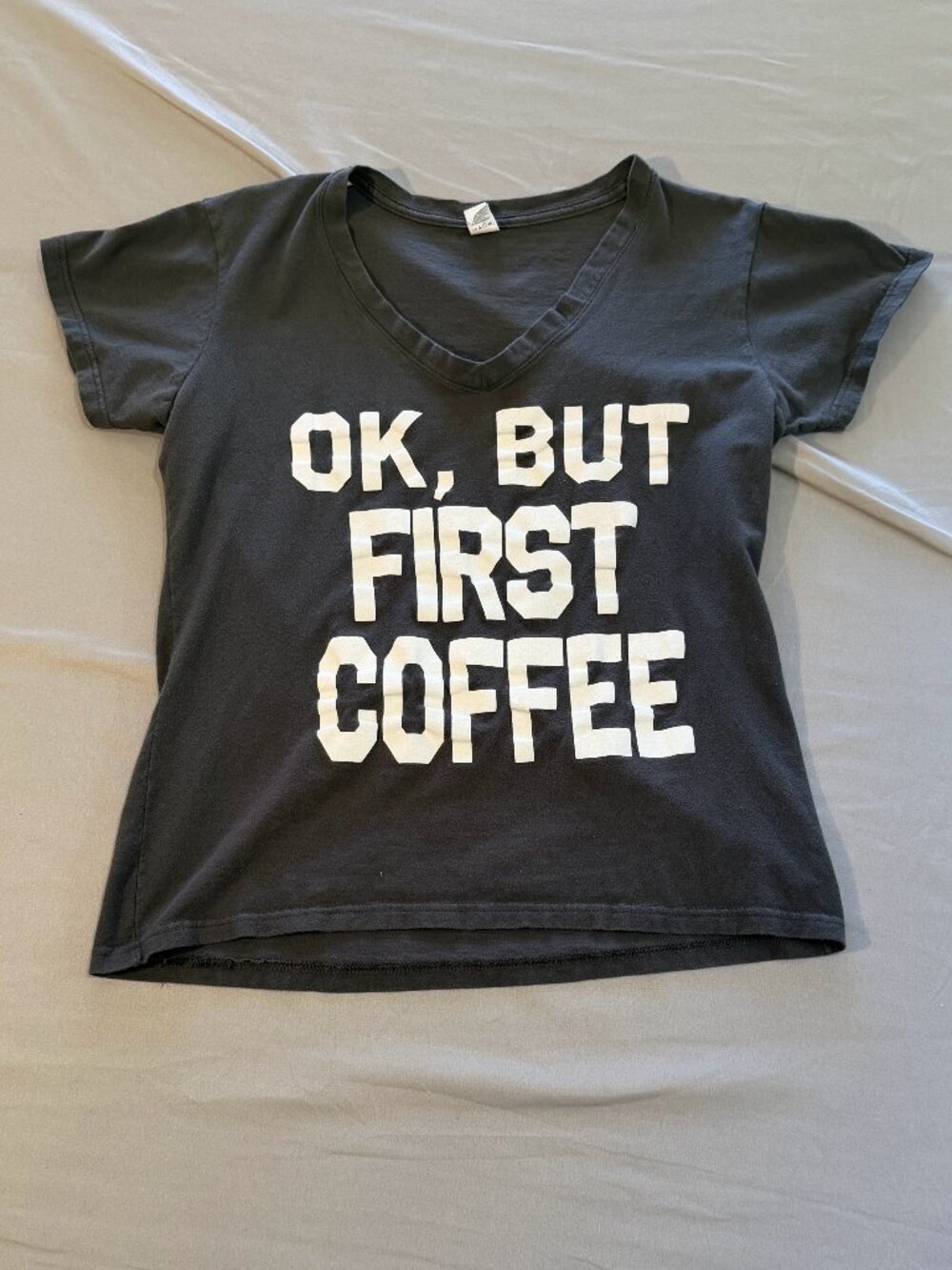 Tultex Juniors Tee Shirt Dark Gray OK, But First Coffee Graphic Print Size XL